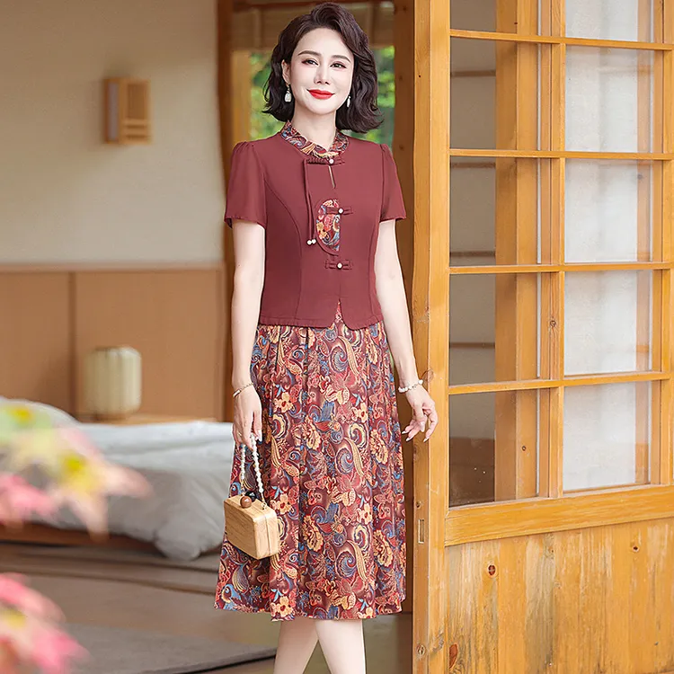妈妈夏装气质雪纺连衣裙中年女装短袖2025新款中老年洋气大码裙子