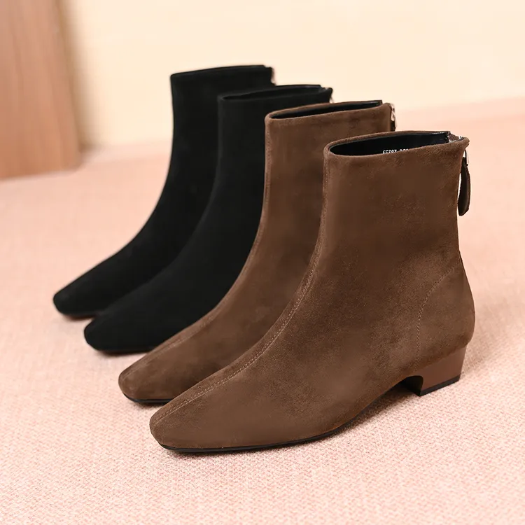 法式方头真皮羊皮低粗跟2025秋冬新款加绒气质时装后拉链女小裸靴