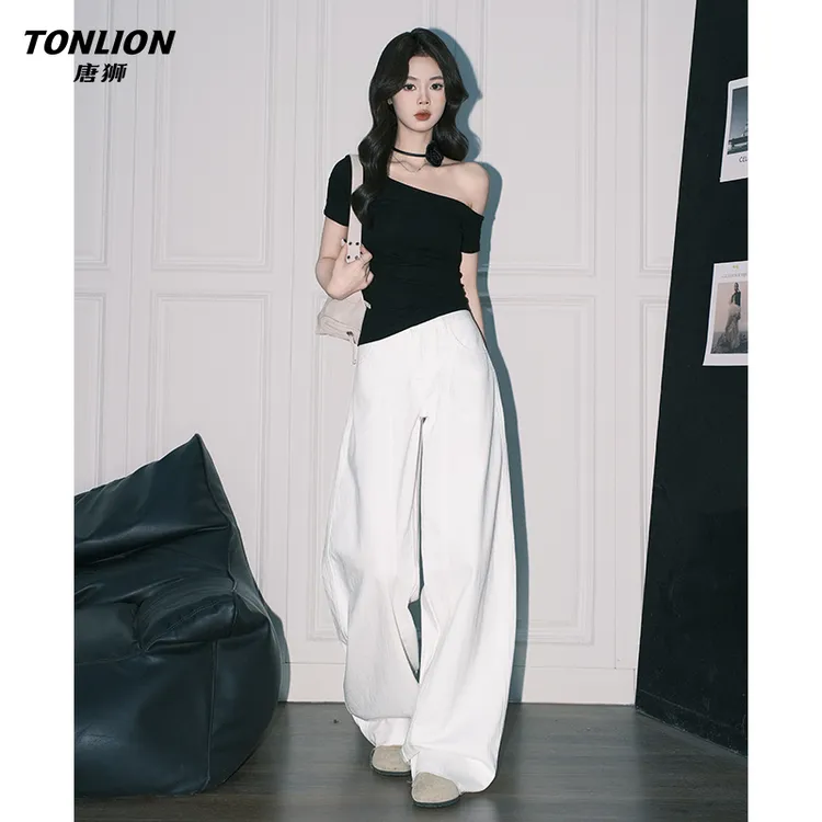 唐狮设计感美式白色宽松牛仔裤女新款高腰显瘦梨形阔腿弯刀裤子