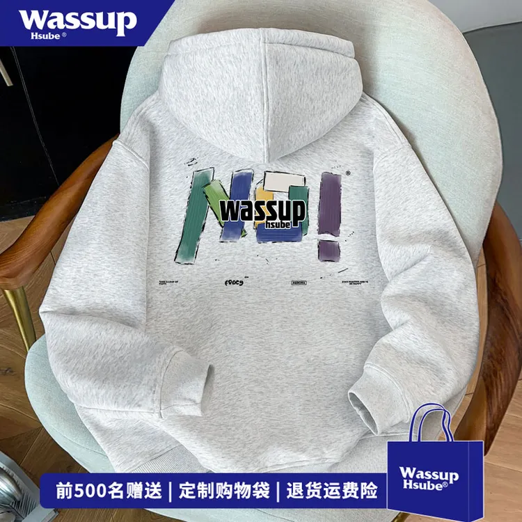 WASSUP HSUBE 美式字母印花白灰色外套秋冬季宽松百搭开衫卫衣男