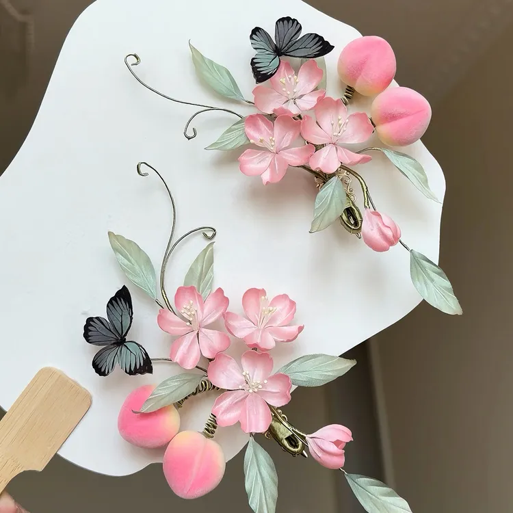 原创 桃映春诗 真丝烫花桃子发饰汉服配饰古风头饰
