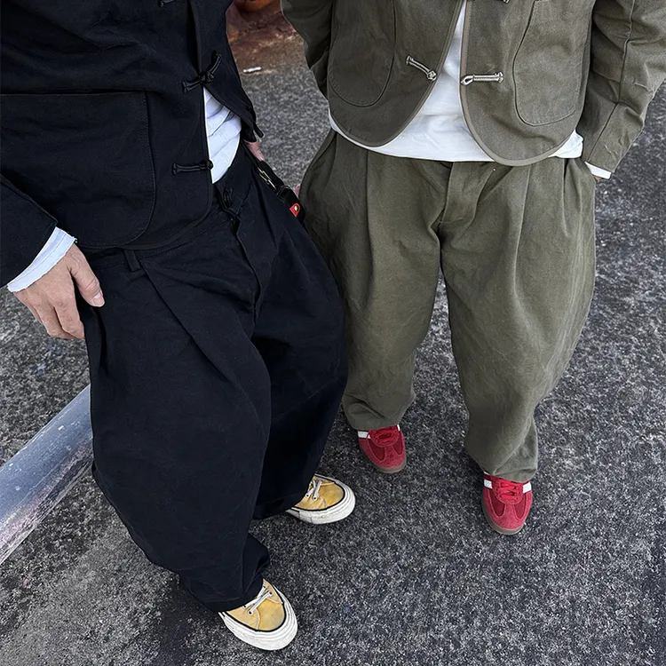 白鹤大人美式复古纯色双褶设计垂感弯刀裤男女宽松休闲阔腿休闲裤