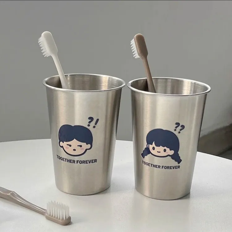 304不锈钢高颜值刷牙杯套装300ml漱口杯直饮杯简约可爱情侣牙刷杯