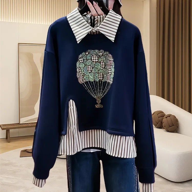 时尚洋气烫钻polo领卫衣女春秋款条纹韩版假两件长袖t恤休闲上衣