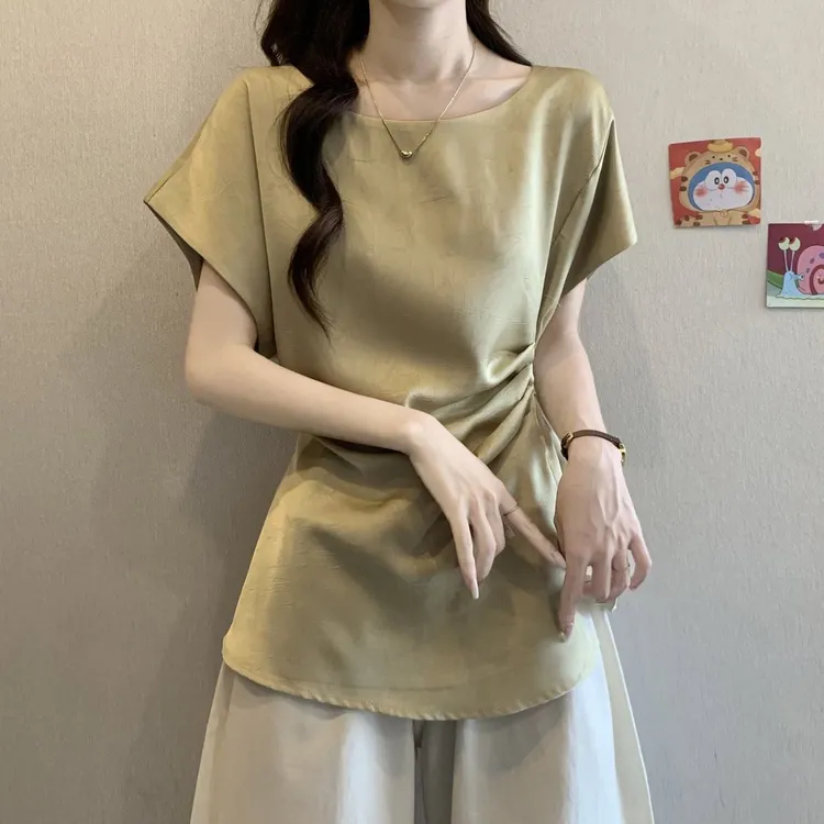 大码醋酸缎面小飞袖正肩短袖衬衫女夏季新款胖mm宽松显瘦遮肉上衣
