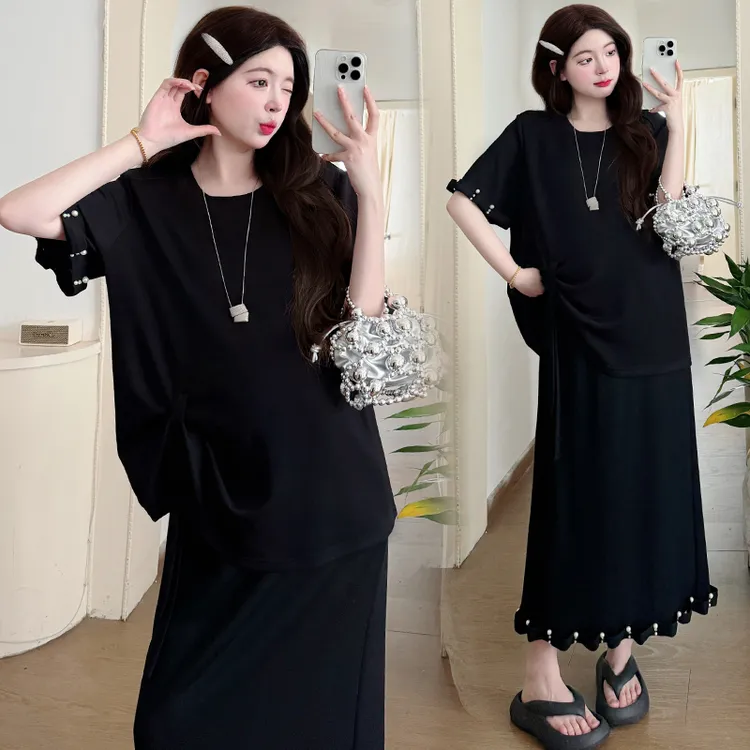 大码女装2025春夏新款休闲洋气显瘦短袖上衣百搭气质半身裙套装