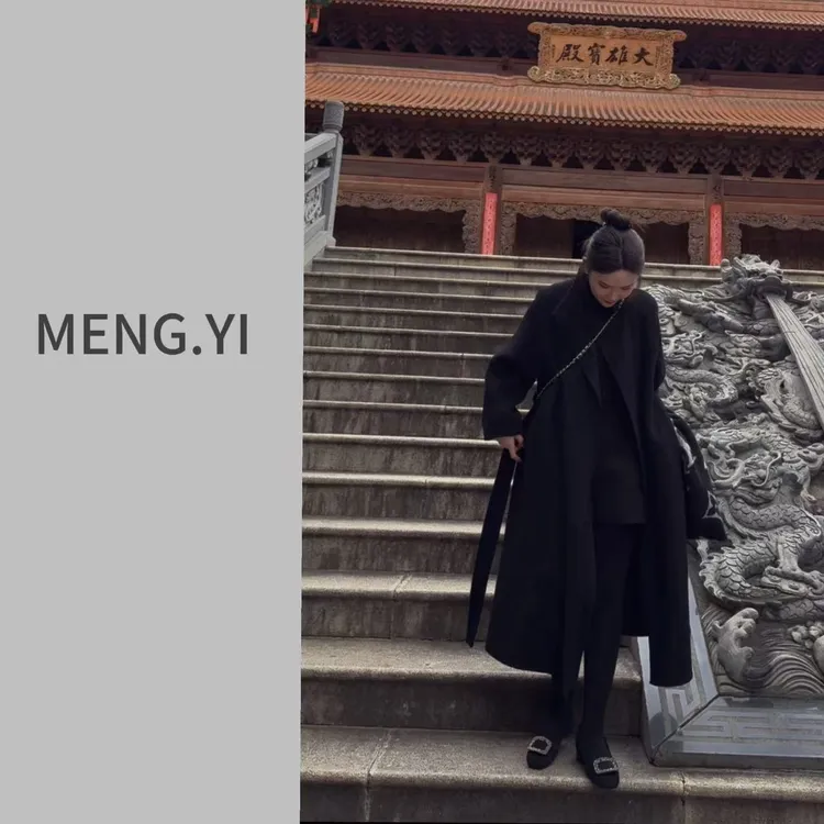 MENG.YI经典黑色简约羊驼毛手工羊毛大衣5391