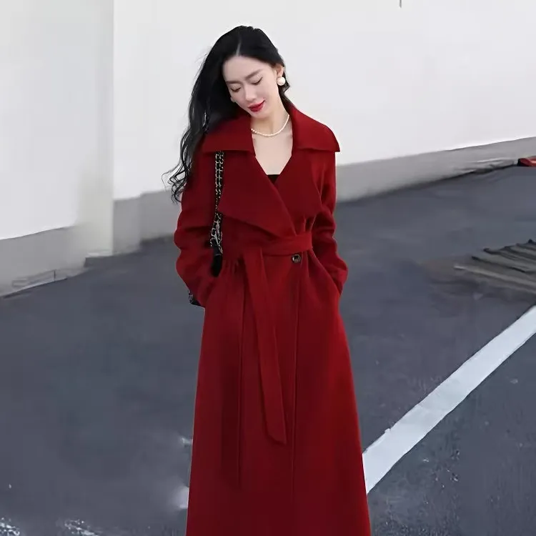 新年战袍红色双面羊绒大衣女秋冬新款韩版宽松复古赫本风毛呢外套