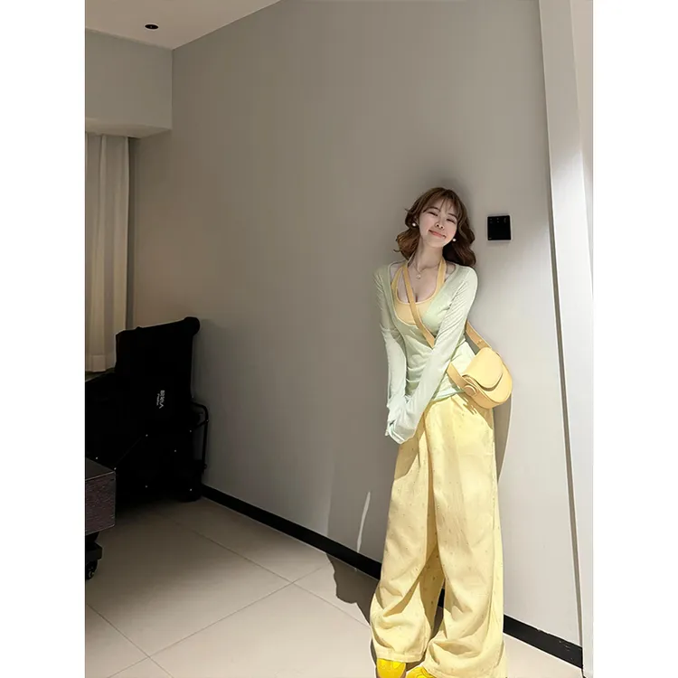 薄荷绿防晒罩衫背心T恤女波点休闲长裤三件套气质减龄多巴胺套装