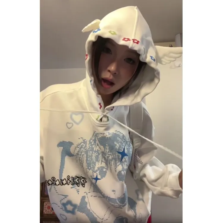 2025春秋季宽松设计感卡通少女翅膀长袖连帽卫衣女休闲甜美上衣潮