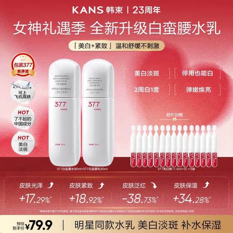 【短视频达人专属】韩束377白蛮腰80ml美白淡斑抗皱护肤水乳补水商品图