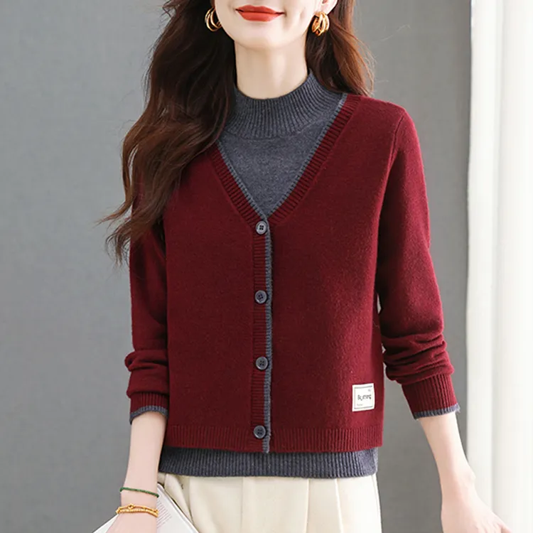 正品哥弟新款女装半高领常规款假两件针织衫羊毛中年加厚百搭打底