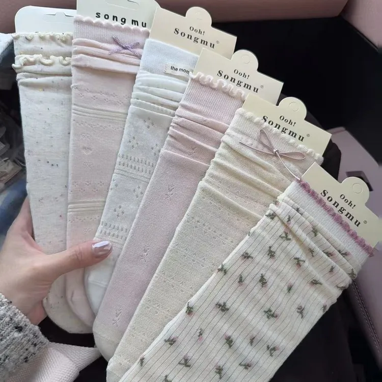 碎花袜子女春夏中筒韩系ins甜美网眼棉袜镂空瑜伽堆堆袜木耳花边商品图