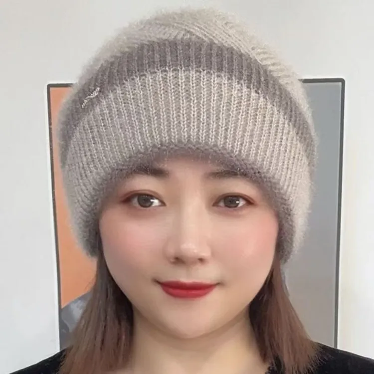 冬季针织松鼠绒拼色贝雷帽秋冬款时尚百搭撞色女帽双层加厚护耳N