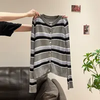 撞色条纹圆领长袖针织开衫外套女2025秋冬时尚气质T恤打底衫上衣