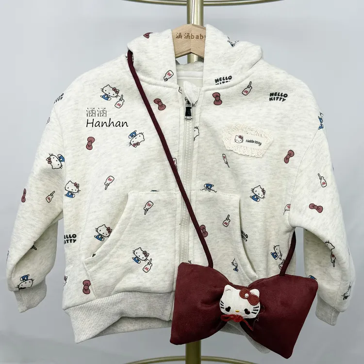 连帽卡通秋冬外套女童保暖薄绒hallokitty外套儿童休闲