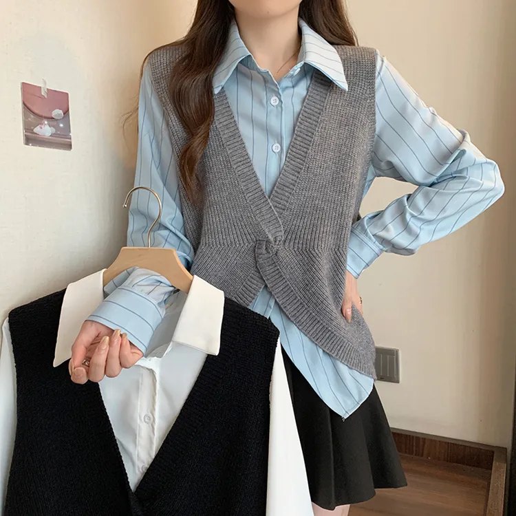 清大码女2025秋季新款时尚百搭衬衫洋气针织马甲套装61527+68035