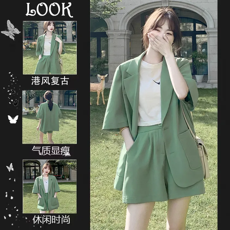 大码女装夏季胖妹妹御姐盐系甜美遮肉显瘦高腰西装短裤女两件套装