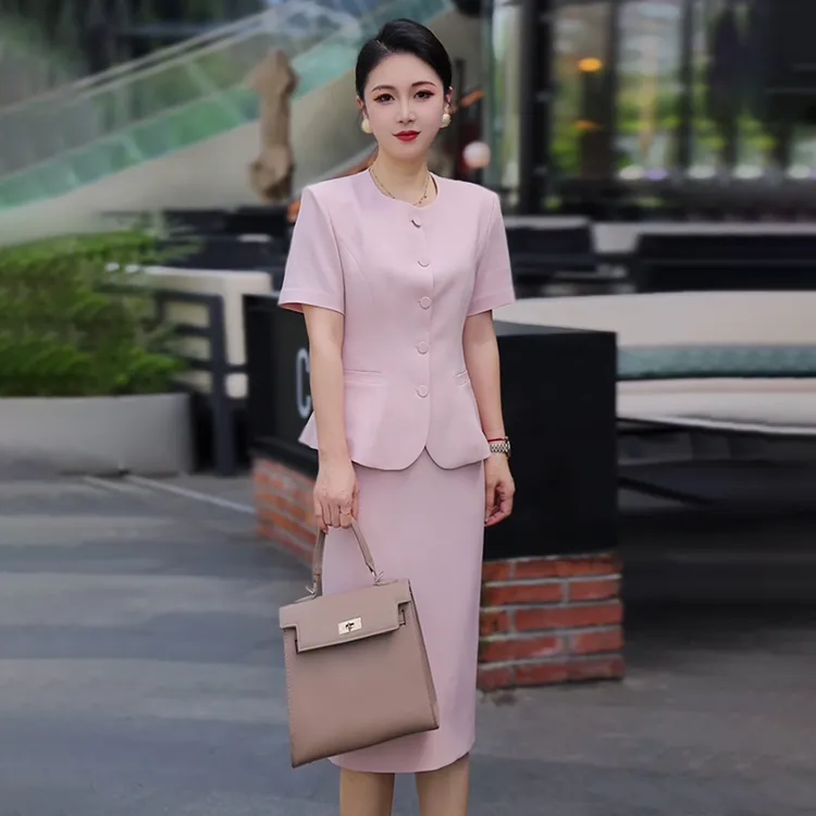 2025夏季新款粉色气质优雅时尚套装短袖西装包臀裙正装薄款通勤