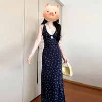 【现货+运补】蓝色碎花吊带连衣裙子女夏季气质收腰长裙2218