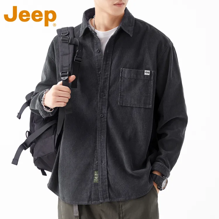 JEEP吉普高级灰灯芯绒衬衫男款春秋季宽松潮流百搭工装长袖衬衣男