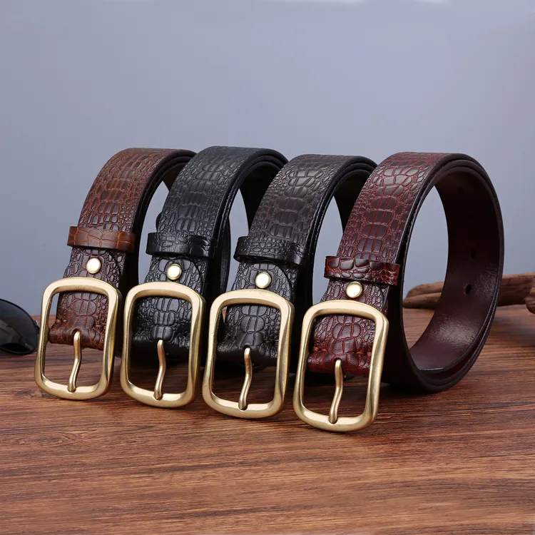 新款男腰带鳄鱼纹压花棕色百搭裤腰带男式皮带复古牛皮复古腰带潮