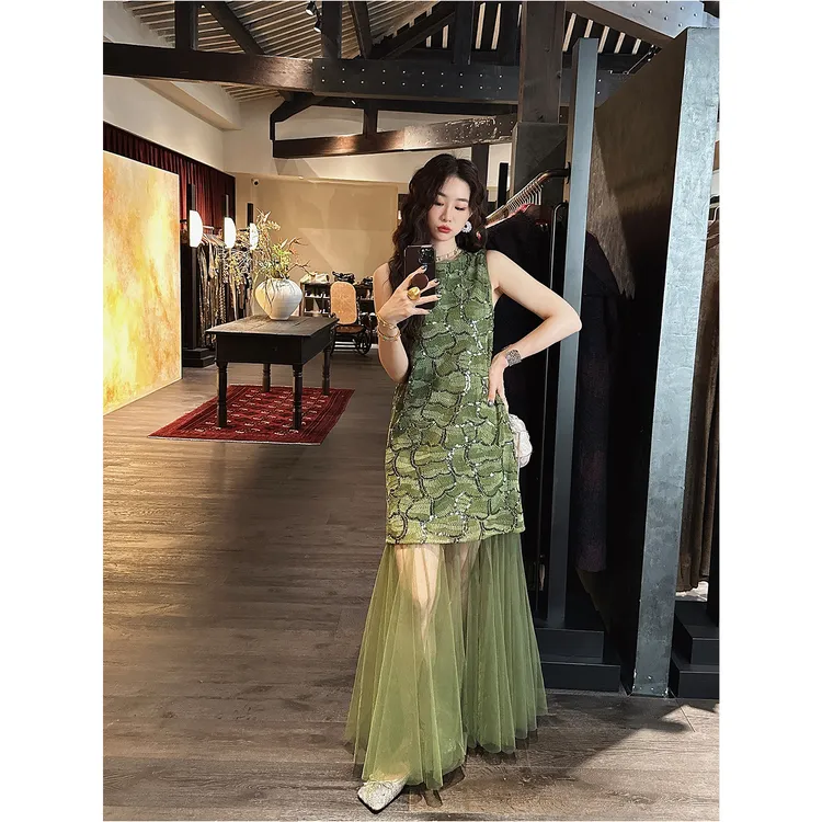 三吉黑花【拾光】国风新中式段染钉珠绣连衣裙子2025新款夏日绝美