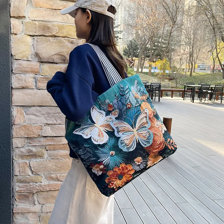 蝴蝶提花刺绣大容量单肩包女托特手提妈咪购物帆布包