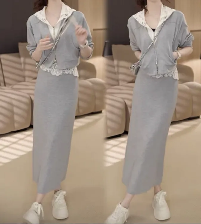 春季新款时尚洋气减龄套装女蕾丝连帽外套高腰开叉半身裙两件套潮
