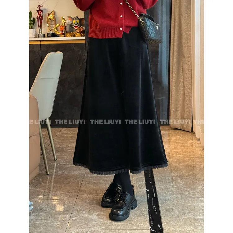 【LIUYI】冬季高定丝绒拼接蕾丝花边显瘦半身裙512197