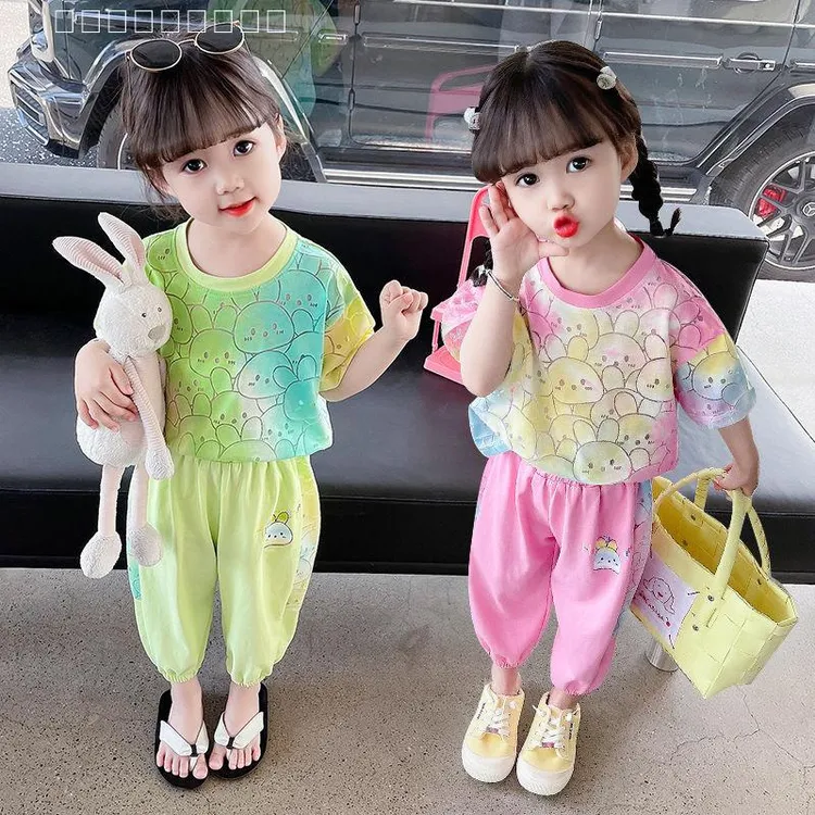 2025夏季新款卡通兔子可爱印花满印女童渐变套装扎染笑脸两件套潮