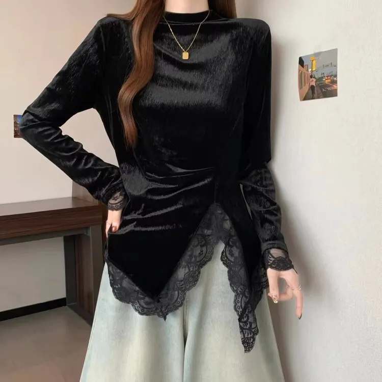 大码胖秋冬新款蕾丝拼接不规则下摆正肩恤金丝绒长袖收腰上衣