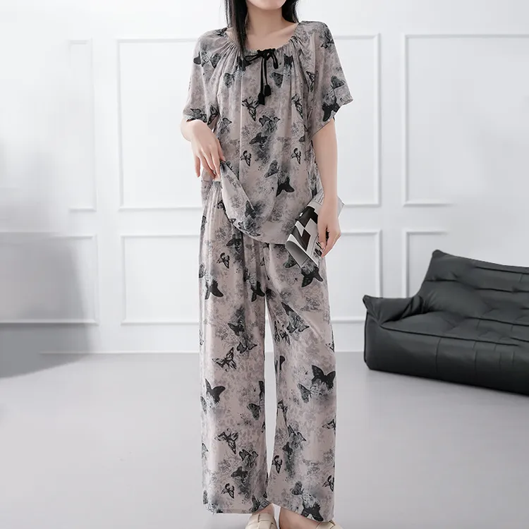 短袖长裤绵绸睡衣女春夏季高级感蝴蝶印花家居服大码套装可外穿薄