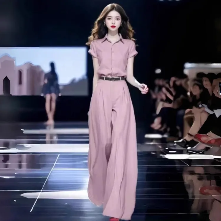 拉夏贝尔2025年夏季新款高级感短袖衬衫高腰阔腿裤气质两件套女潮
