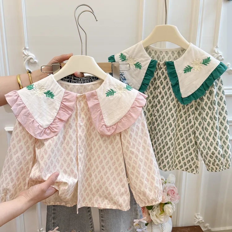 春秋儿童长袖纯棉女童衬衫衬衣娃娃领娃娃衫宝宝长袖翻领韩版甜美