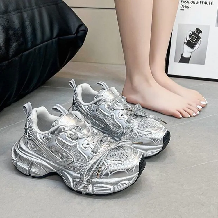 水钻真皮巴黎老爹鞋女2024秋季新款厚底百搭网面透气运动休闲鞋