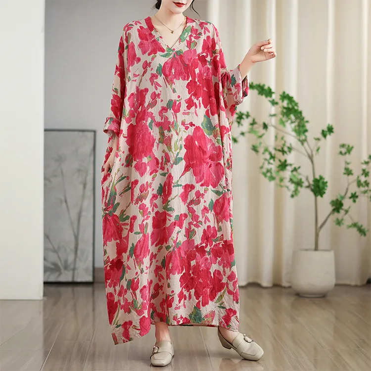 大码遮肉胖MM花色度假风复古长裙女装秋季宽松遮肉棉麻长袖连衣裙