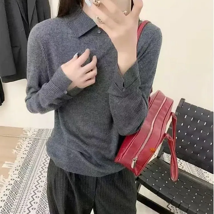 【80-180斤】别致polo领长袖针织衫女秋冬翻领时尚修身显瘦打底上衣