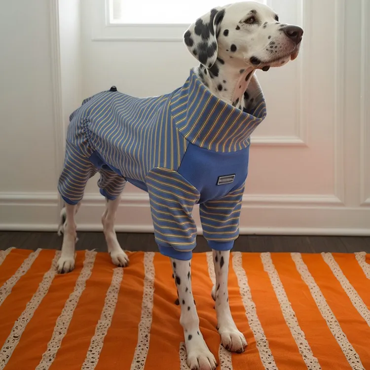小中大型新款宠物狗狗条纹德绒高领四脚睡衣可调节背长弹力居家服