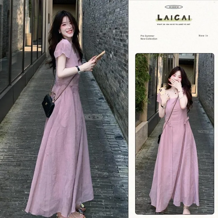 浪漫初恋连衣裙2025夏季新款法式泡泡袖收腰遮肚子显瘦温柔长裙