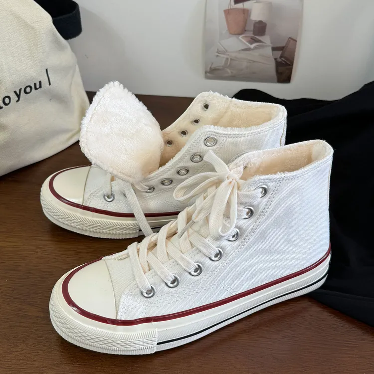 白色加绒男女同款保暖情侣时尚青春潮流韩版百搭系带休闲款帆布鞋