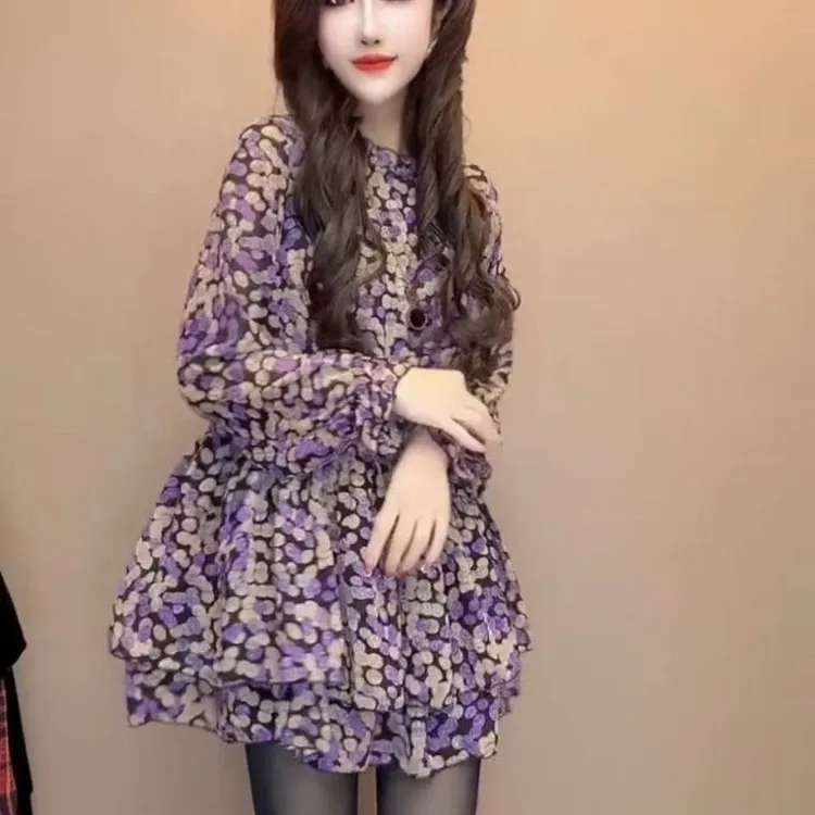 【紫色碎花】欧货新款高级洋气春夏上衣长袖气质紫色碎花宽松显瘦