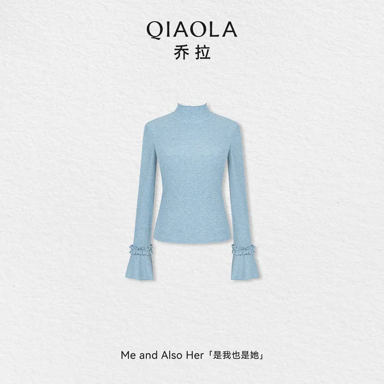 QIAOLA/乔拉【风信爱意】秋冬款半高领木耳边喇叭袖显瘦百搭针织衫