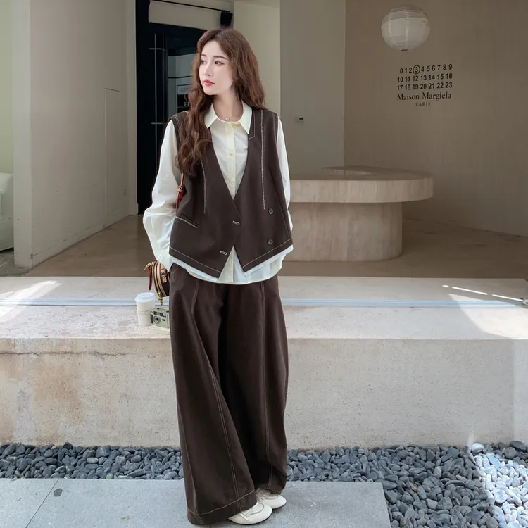 老钱风复古时髦套装裤女2025秋季新款设计感马甲阔腿裤衬衫三件套