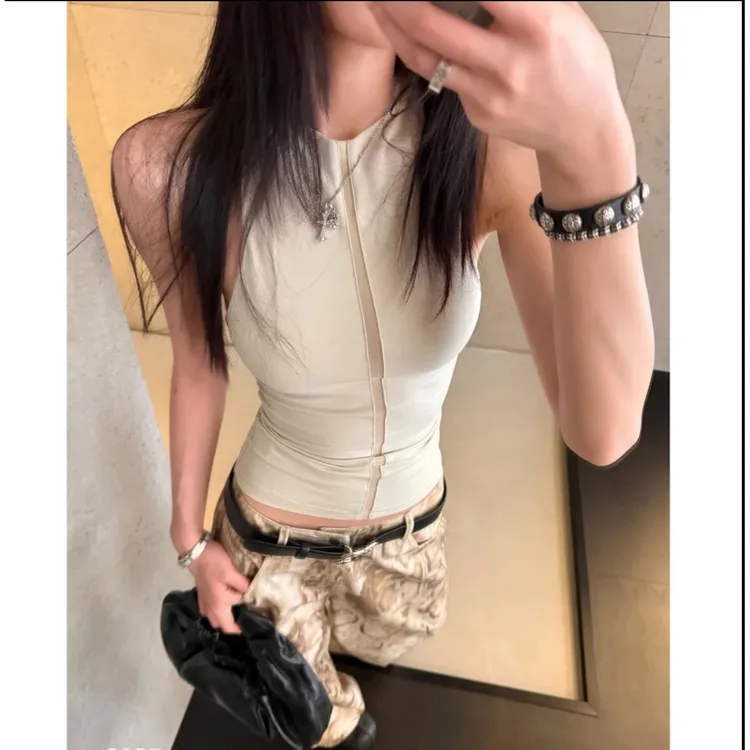 美式辣妹风网纱拼接镂空圆领吊带背心女夏季新款修身显瘦无袖上衣