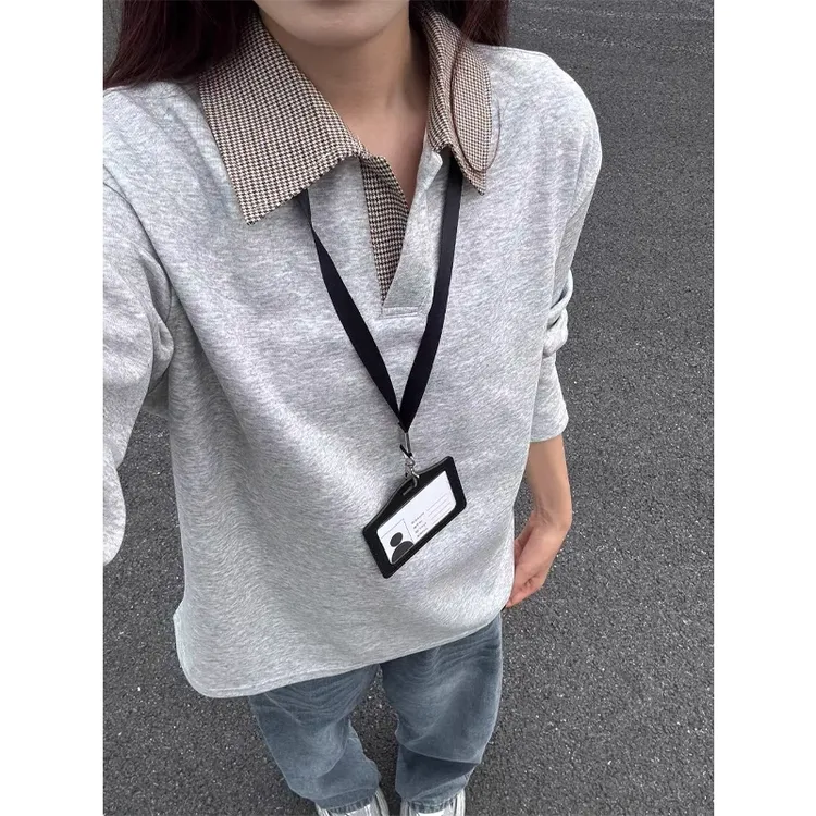 千鸟格翻领polo衫老钱风卫衣外套男早秋新款大码打底秋衣潮牌大码