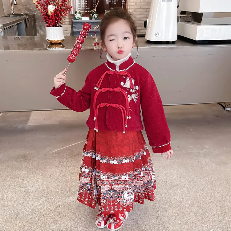 女童加绒拜年套装儿童喜庆衣服马面裙两件套小女孩宝宝春装2026新