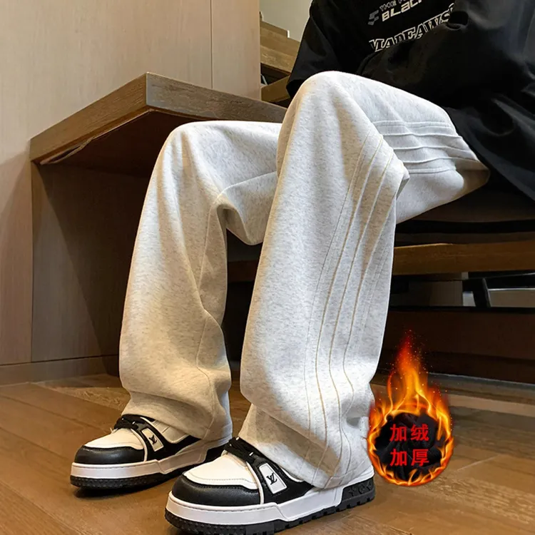 中腰重磅侧条纹春秋加绒休闲裤秋冬直筒男款卫裤运动裤子美式潮牌