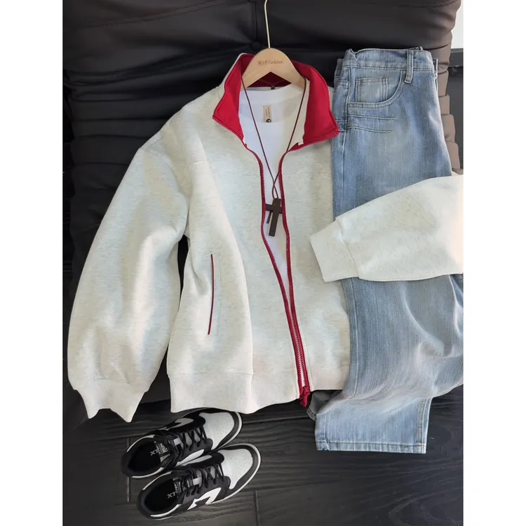 白花灰美式复古撞色开衫卫衣男款秋季宽松立领重磅情侣慵懒风外套