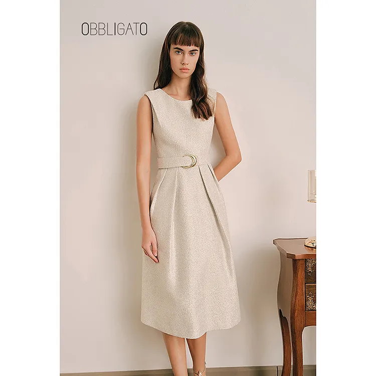 OBBLIGATO奥丽嘉朵1C34105560新品2024春季金银丝提花收腰连衣裙